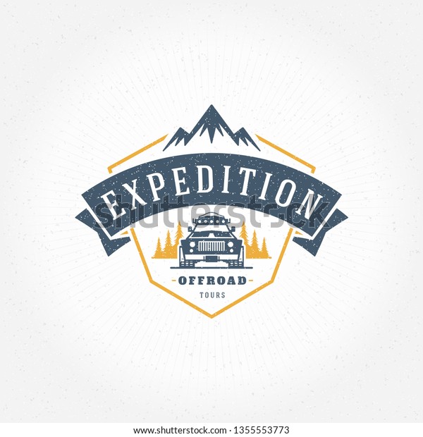Off road cars logo\
emblem vector illustration. Outdoor extreme adventure expedition,\
safari suv silhouette shirt, print stamp. Vintage typography badge\
design.