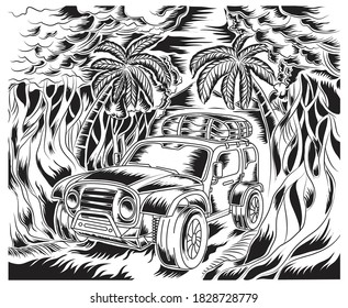 Off road cars through the river. The concept of adventure in the forest.