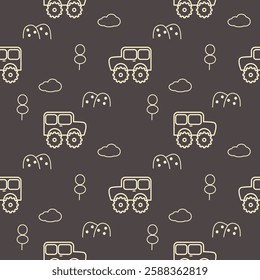 Off road cartoon so cute. On mountain cloud tree background. Pattern seamless vector. 