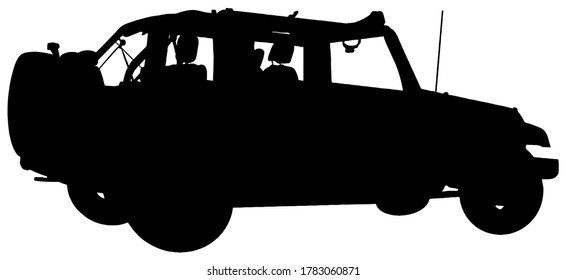 Off road convertible 4x4 suv Jeep style vehicle vector graphic in black silhouette on white background 