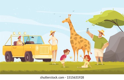 Off road driving safari adventures flat composition with young family with kids making giraffe photos vector illustration 