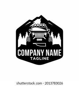 Off road emblem patch logo illustration on mountain and adventurous car background