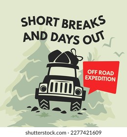 Off road expedition and short breaks days out. Extreme adventure and traveling, experiences and summer vacation leisure. Jeep in forest or mountains, wilderness and nature. Vector in flat style