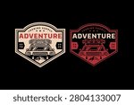 Off road expedition vehicle retro badge logo design set for adventure. Expedition truck with mountain track vintage patch design pack for outdoor. Overland vehicle rustic illustration