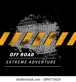 Off road extreme adventure vector design with grunge mud tire tracks of offroad car, truck, motorcycle, 4x4 or suv. Off road vehicle and race sport club, safari travel, rally and motocross competition