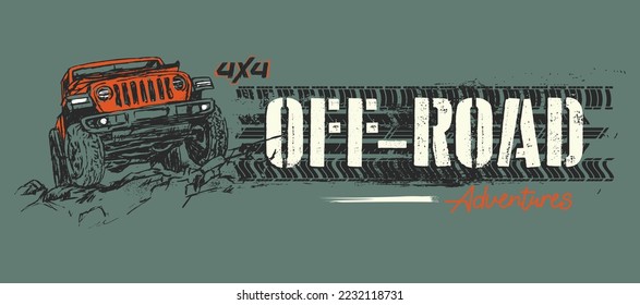 Off road grunge banner with tire print and 4x4 sports utility vehicle