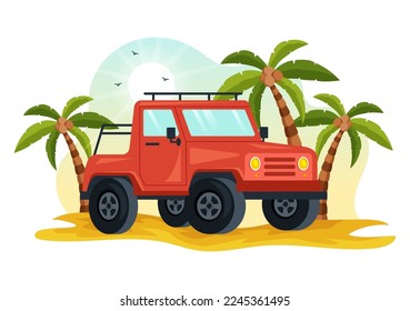 Off Road Illustration with a Car to Pass Through Rocky Terrain, Rivers and Sand in Flat Extreme Sport Cartoon Hand Drawn Templates