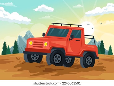 Off Road Illustration with a Car to Pass Through Rocky Terrain, Rivers and Sand in Flat Extreme Sport Cartoon Hand Drawn Templates