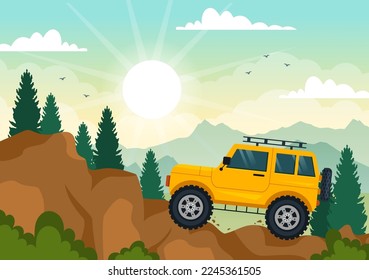 Off Road Illustration with a Car to Pass Through Rocky Terrain, Rivers and Sand in Flat Extreme Sport Cartoon Hand Drawn Templates