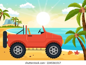Ilustración en carretera sin salida con un auto para pasar por terreno rocoso, ríos y arena en un deporte plano extremo plantillas dibujadas a mano