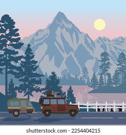 Off Road Illustration, Rivers and Sand in Flat Extreme Sport Hand Drawn Templates, truck in the mountains