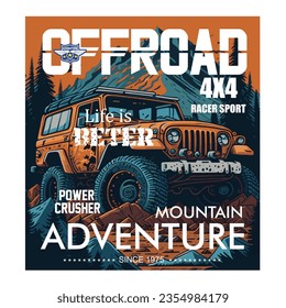 off road jeep  4X4 mountain adventure design graphic for illustration, t shirt, vector art, vintage