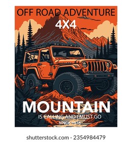 off road jeep  4X4 mountain adventure design graphic for illustration, t shirt, vector art, vintage