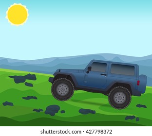 Off road journey, car for bad roads, vector illustration