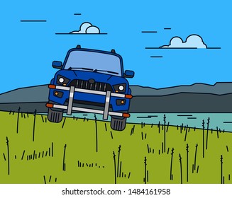 Off road landscape poster. Driving in mountains. 4x4 car. Editable vector illustration in bright colors. Exploration, travelling and touring concept. Outdoors adventure. 