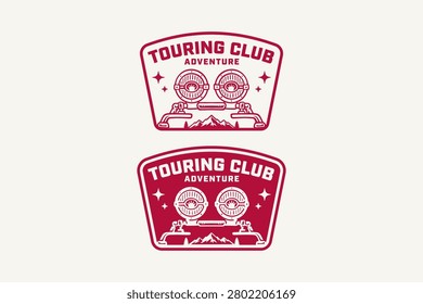 Off road lights retro badge logo design set for touring club. Rally lights vintage patch symbol pack for off road adventure. Spotlights or auxiliary lights rustic emblem element designs for expedition