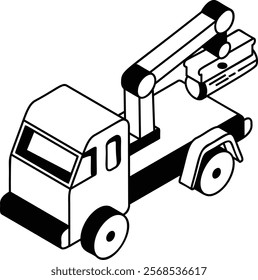 Off road Log Handling Vehicle with knuckle boom isometric concept, Hydraulic Rotation Pick up bole truck vector outline design, firewood or crafts Symbol, forest Deforestation products Sign lumberyard