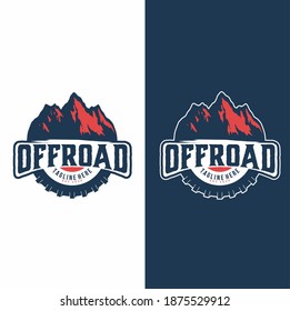 Off road logo design template with mountain background and adventurous car wheels