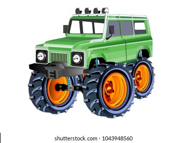 Off road monster car with big wheels, isolated on white. Green color