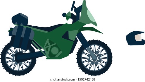 An off road motor bike in green and blue colours from the side. Helmet included