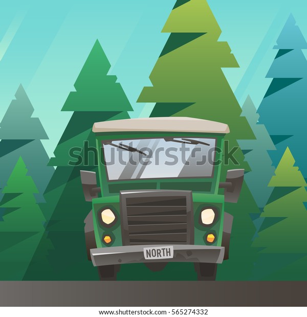 Off road old green retro\
adventure car. Front view. Big truck ride through the summer\
forest. Season activity, outdoor recreation, vacation. Vector\
illustration.
