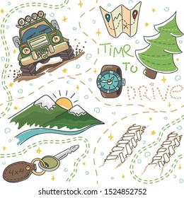 Off road outdoor adventure on car, vector colorful seamless pattern with doodle style, time to drive, cute cartoon transportation background for kids