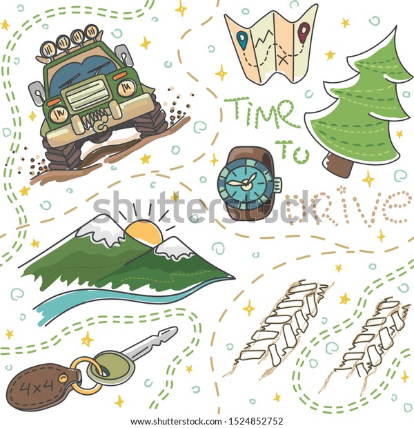 Off road outdoor adventure on car,
vector colorful seamless pattern with doodle style, time to drive,
cute cartoon transportation background for
kids