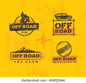 Off Road Park Outdoor Extreme Vector Design Element Set. Creative Adventure Concept On Grunge Stain Background.