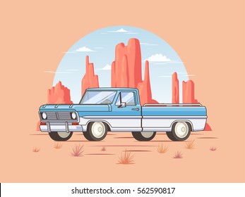 Off road pickup truck template of classic design with desert landscape in flat style isolated vector illustration