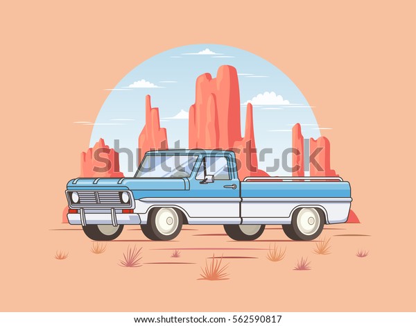 Off road\
pickup truck template of classic design with desert landscape in\
flat style isolated vector\
illustration