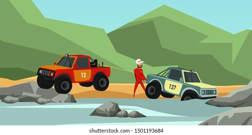 Off road racing accident flat vector illustration. Rescue crew member cartoon character. Man with towing truck helping pull out vehicle stuck in mud. 4x4 automobile competition, offroad car sport