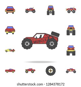 off road racing car field coloricon. Detailed set of color big foot car icons. Premium graphic design. One of the collection icons for websites, web design, mobile app