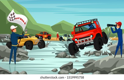 Off road racing flat vector illustration. Extreme sport, hobby and entertainment. Offroad drive cartoon drawing. Vehicles, trucks in mountains wilderness area. Journalists shooting video, taking photo