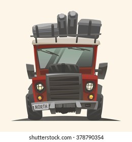 Off road red fully loaded lifted adventure car with hoist, extra wheel and baggage. Front view. Vector illustration.