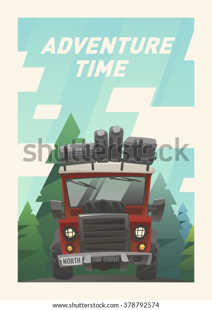 Off road red fully loaded lifted exploring\
car with hoist, extra wheel and baggage. Postcard with text.\
Adventure time. Front view. Vector\
illustration.