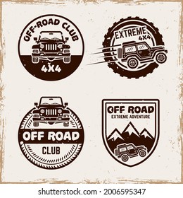 Off road set of four vector emblems, badges, labels or logos in vintage style with removable textures on separate layer