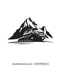 Off road Snowmobile logo silhouette vector with mountain