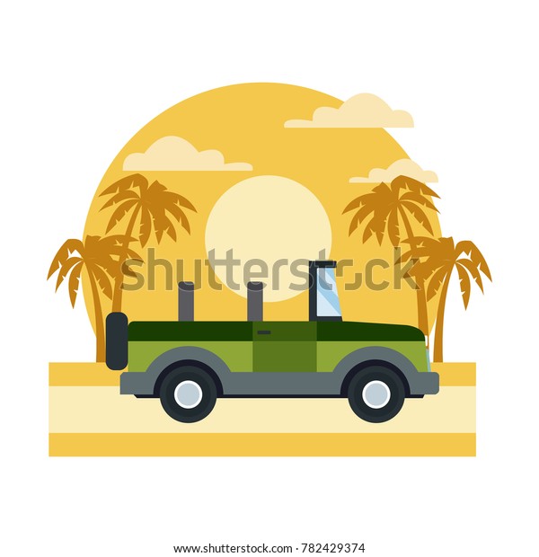 Off road sport truck\
on sunset landscape