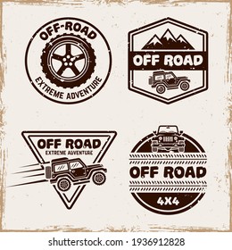 Off road and suv car set of four vector emblems, badges, labels or logos in vintage style with removable textures on separate layer