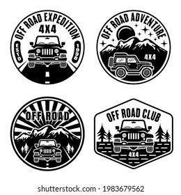 Off road and suv car set of vector emblems, badges, labels or logos in vintage monochrome style isolated on white background