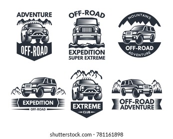 Off road symbols. Labels with 4x4 truck. Logos or labels with suv cars. Automobile car logo, transport for travel emblem off-road. Vector illustration