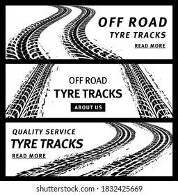 Off road tire tracks, black car tyres prints, grunge vector marks. Bike race, vehicle, transportation dirty wheels trace. Rubber tires print, automobile or bicycle drag. Monochrome graphic banners set