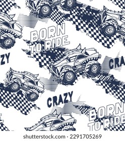 Off road trails seamless pattern. Monster car repeat print for sport textile, boy clothes, wrapping paper. Lettering grunge repeat wallpaper. Textured cars background with big tires, chequered board