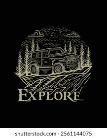 Off road travel adventure line drawing t shirt design illustration for landscape outdoor lovers