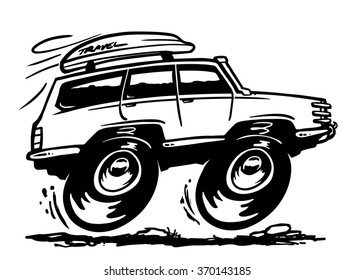 Off road travel car in black and white style. Vector sketch illustration