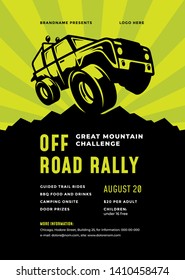 Off road truck competition poster or flyer event modern typography design template and 4x4 suv car silhouette. Vector illustration.