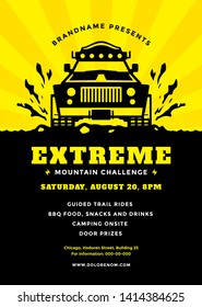 Off road truck competition poster or flyer event modern typography design template and 4x4 suv car silhouette. Vector illustration.