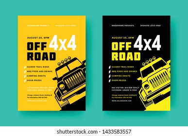 Off road truck competition poster or flyer event modern typography design template and 4x4 suv car silhouette. Vector illustration.