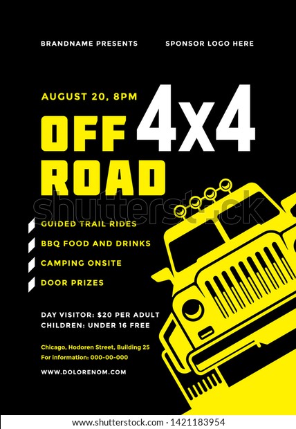 Off road truck competition poster or flyer
event modern typography design template and 4x4 suv car silhouette.
Vector illustration.