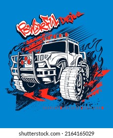 Ilustración de camiones fuera de la carretera con texto de graffiti Impulso potente. Palabras de estilo de arte callejero. Afiche de la camioneta sobre fondo azul grunge, pista de incendio, flechas. Esbozo de la huella de un auto grande para camisetas de niños.